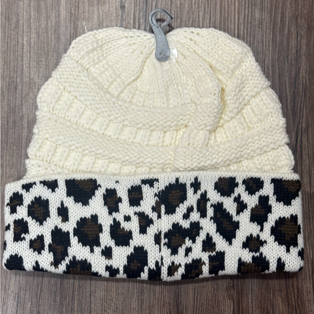Leopard Print Knit Beanie Hat | Cream & Brown | Soft & Cozy | New